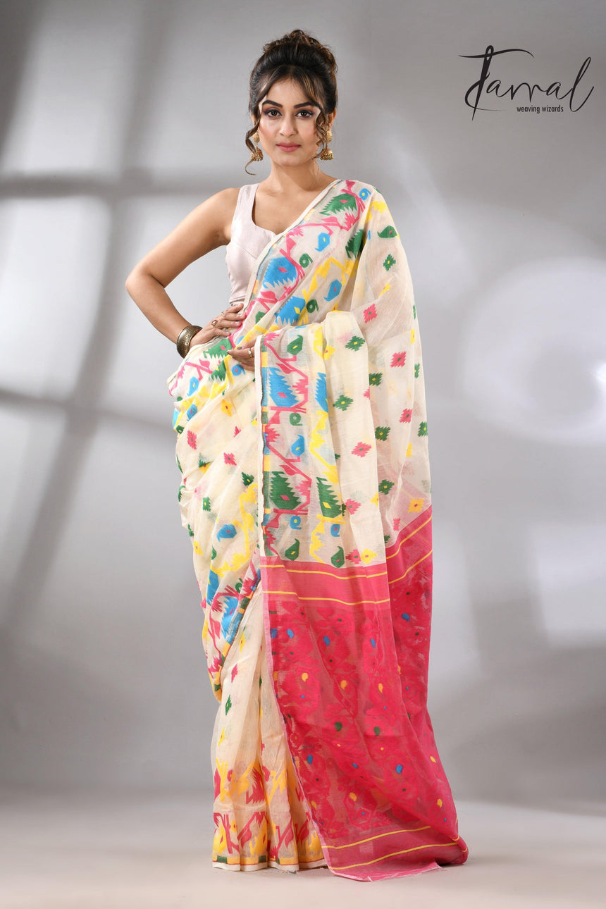 Offwhite with multi colour soft handloom dhakai jamdani saree - Tamal Boutique