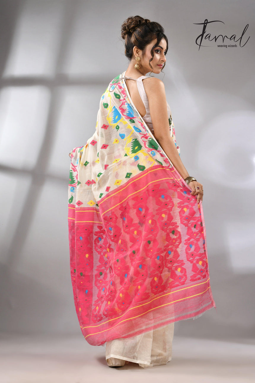 Offwhite with multi colour soft handloom dhakai jamdani saree - Tamal Boutique
