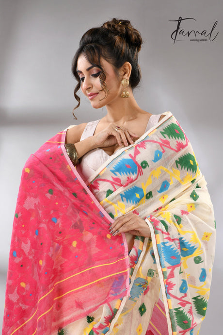 Offwhite with multi colour soft handloom dhakai jamdani saree - Tamal Boutique