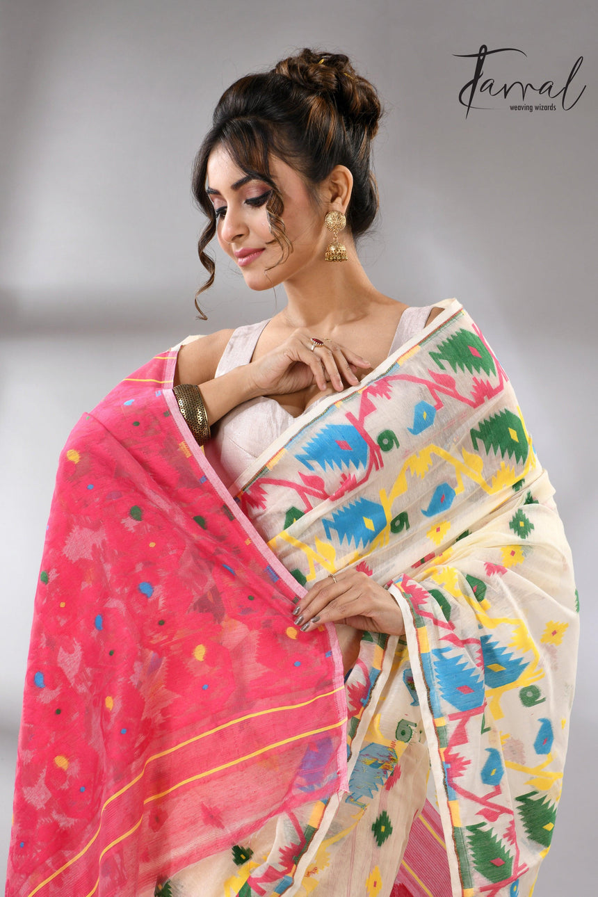 Offwhite with multi colour soft handloom dhakai jamdani saree - Tamal Boutique