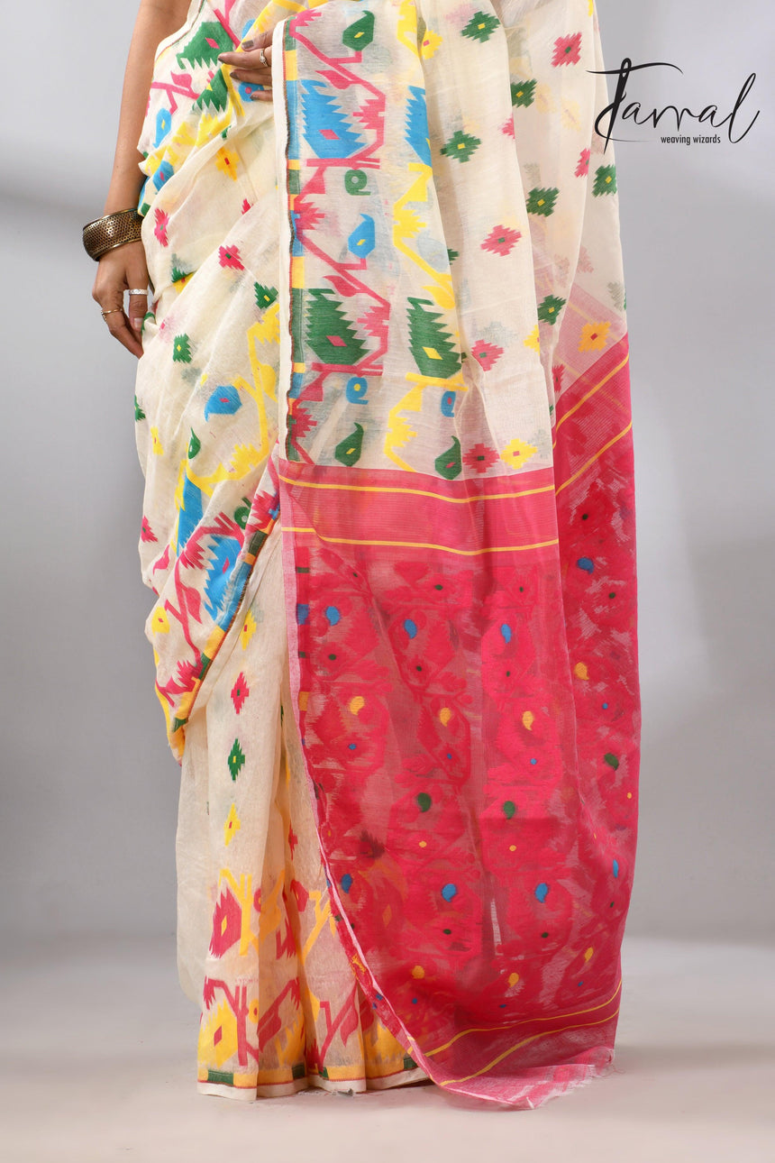 Offwhite with multi colour soft handloom dhakai jamdani saree - Tamal Boutique