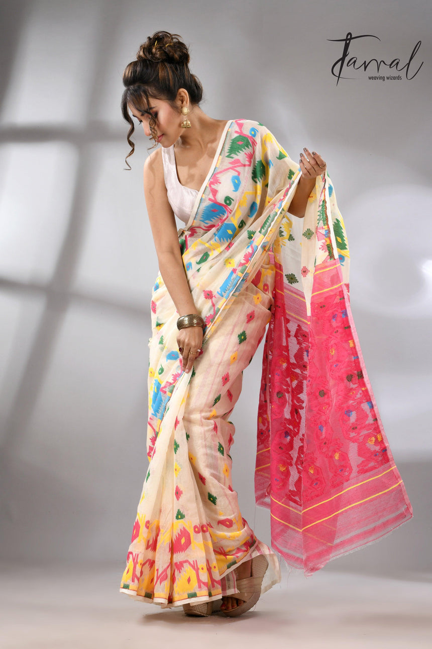 Offwhite with multi colour soft handloom dhakai jamdani saree - Tamal Boutique
