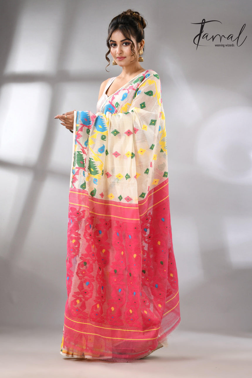 Offwhite with multi colour soft handloom dhakai jamdani saree - Tamal Boutique