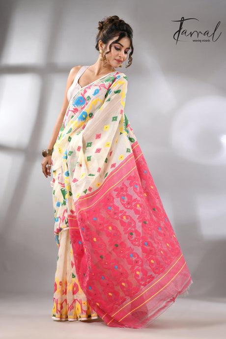 Offwhite with multi colour soft handloom dhakai jamdani saree - Tamal Boutique