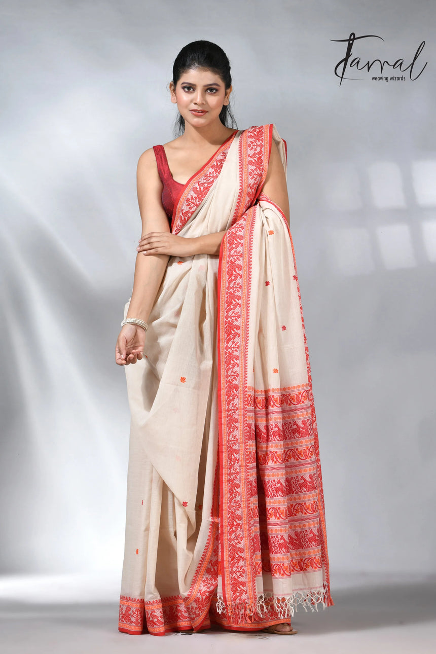 Offwhite with orange pure cotton baluchuri handloom saree