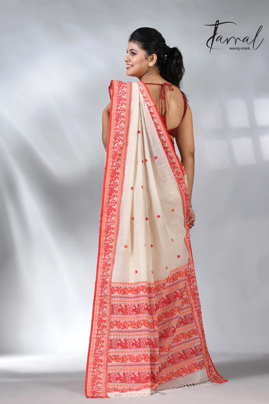 Offwhite with orange pure cotton baluchuri handloom saree