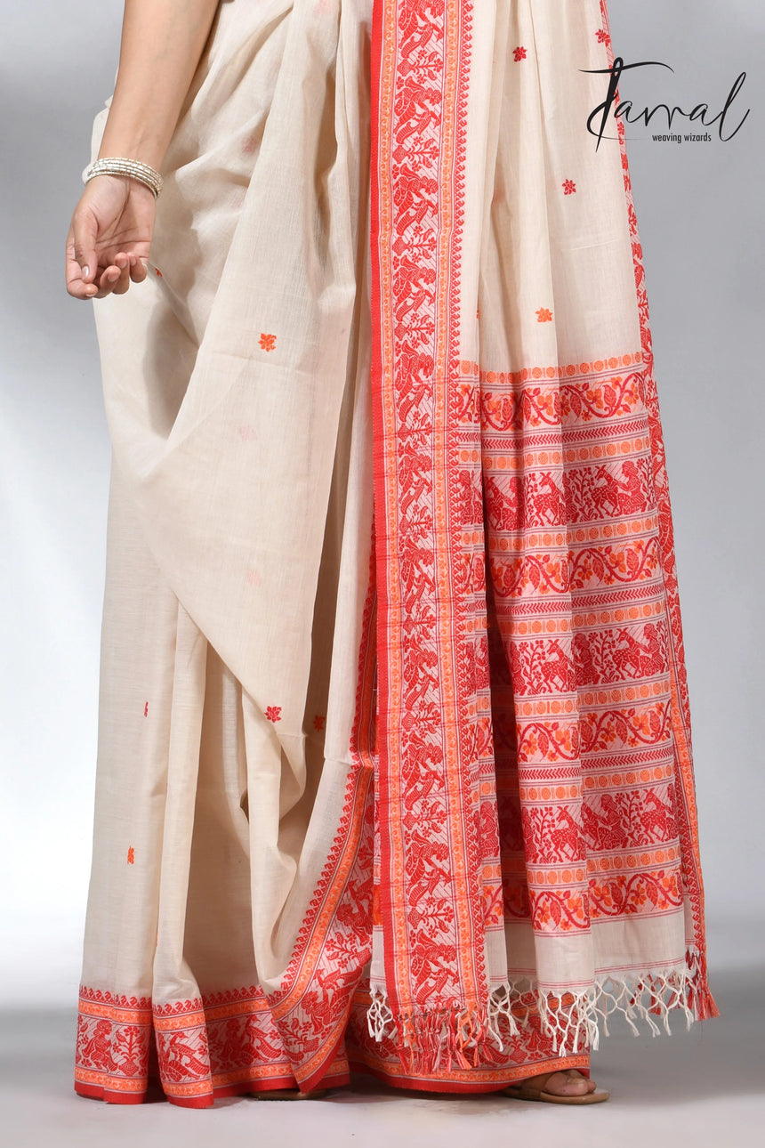 Offwhite with orange pure cotton baluchuri handloom saree