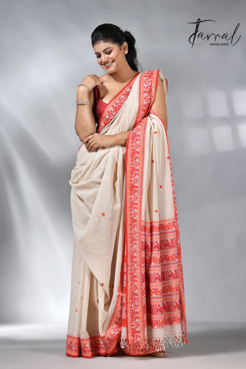 Offwhite with orange pure cotton baluchuri handloom saree