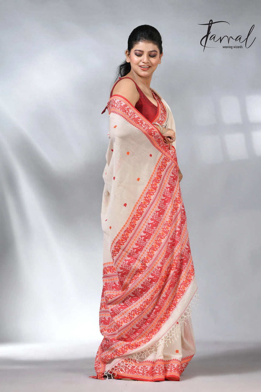 Offwhite with orange pure cotton baluchuri handloom saree