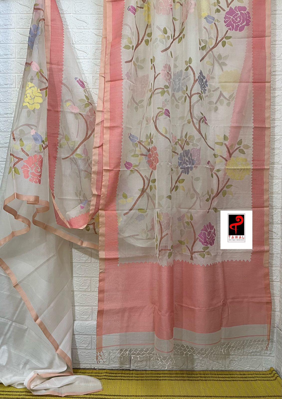 Offwhite with peach temple border allover rose motifs handwoven jamdani saree - Tamal Boutique