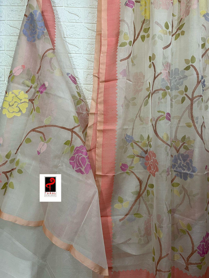 Offwhite with peach temple border allover rose motifs handwoven jamdani saree - Tamal Boutique