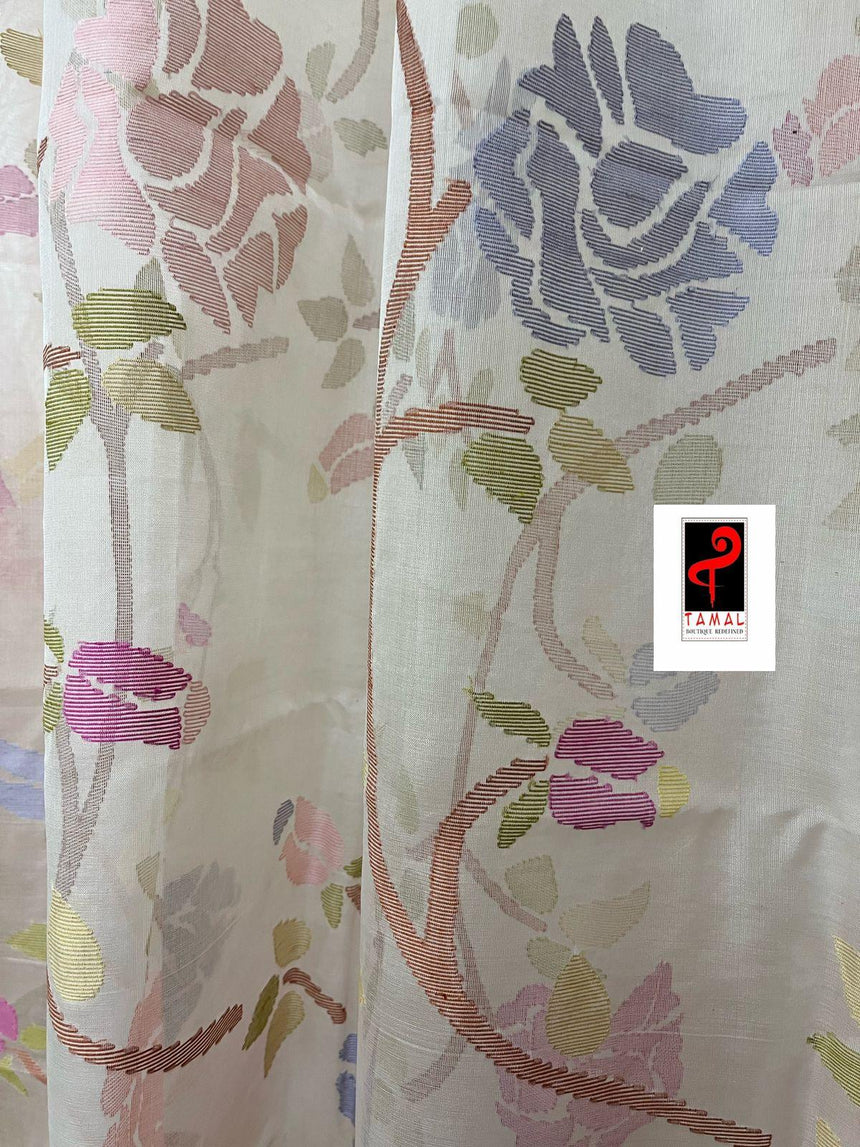 Offwhite with peach temple border allover rose motifs handwoven jamdani saree - Tamal Boutique