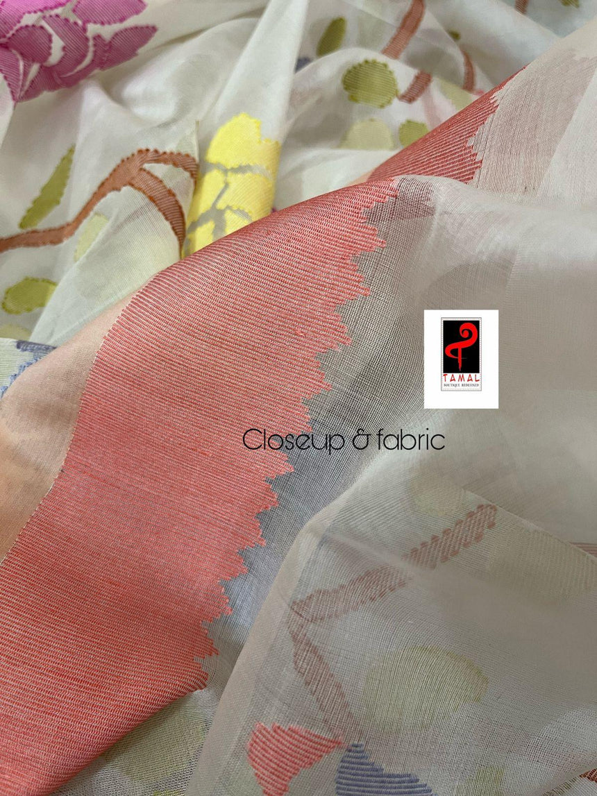 Offwhite with peach temple border allover rose motifs handwoven jamdani saree - Tamal Boutique