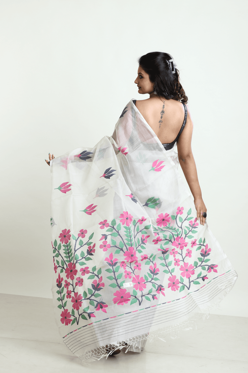 Offwhite with multicolour periwinkle floral handwoven muslin silk jamdani saree - Tamal Boutique