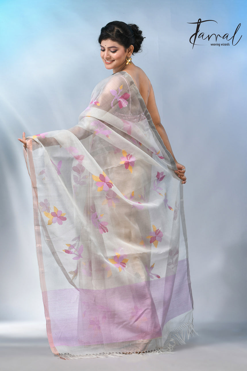 Offwhite with pink floral muslin silk handwoven jamdani saree
