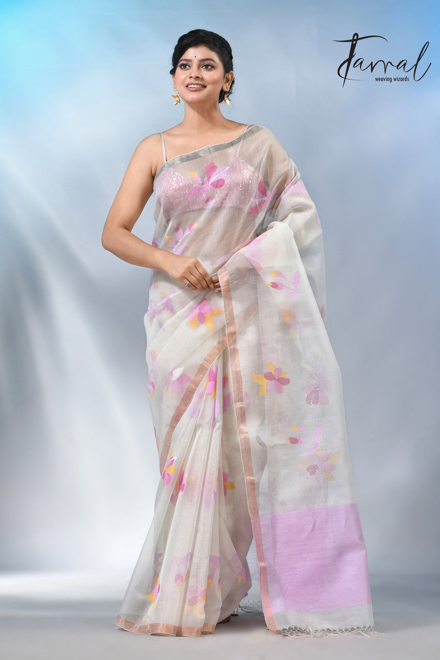 Offwhite with pink floral muslin silk handwoven jamdani saree