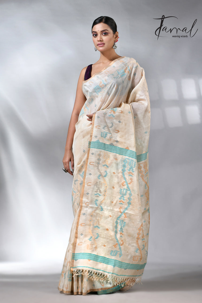 Offwhite with pink floral muslin silk handwoven jamdani saree