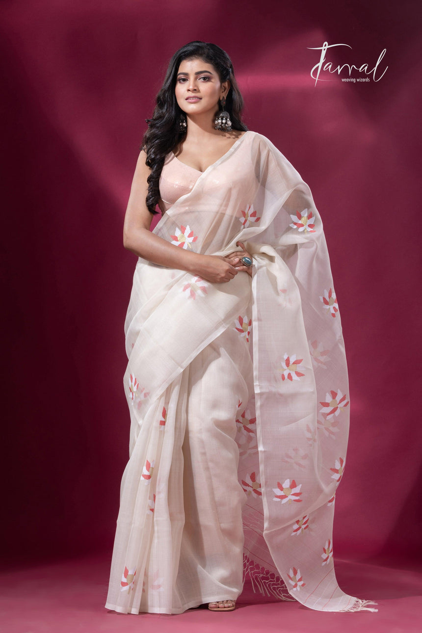Offwhite with red & golden lotus motifs muslin silk handwoven jamdani saree - Tamal Boutique