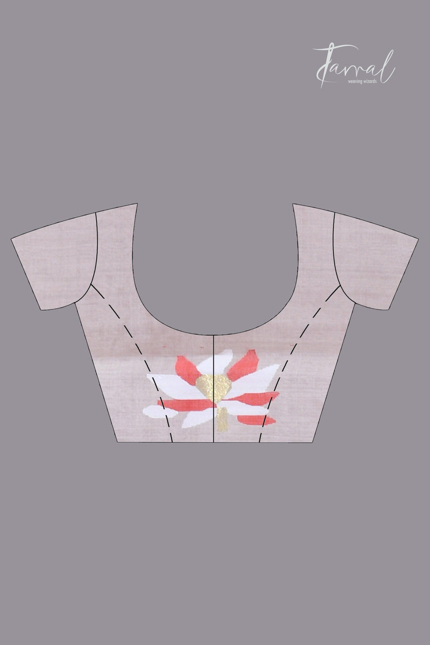 Offwhite with red & golden lotus motifs muslin silk handwoven jamdani saree - Tamal Boutique