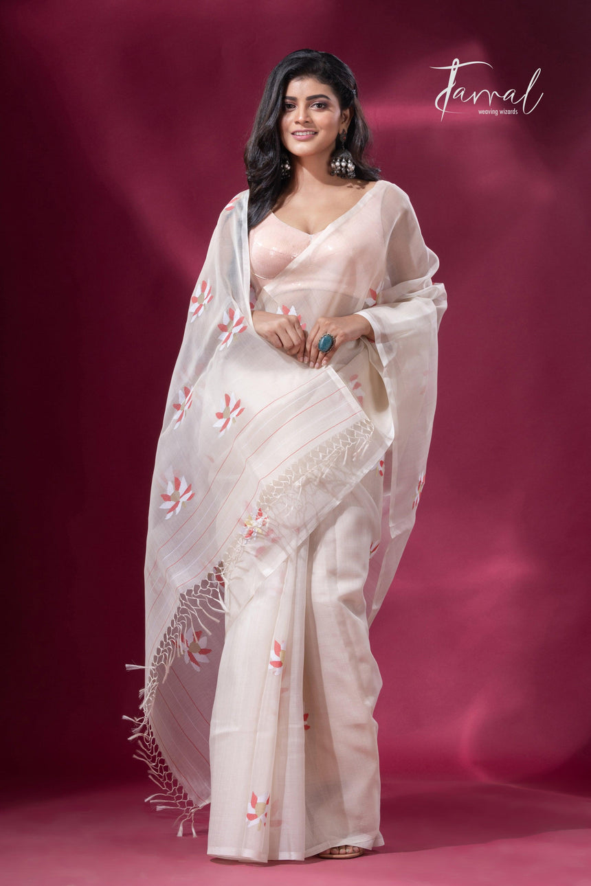 Offwhite with red & golden lotus motifs muslin silk handwoven jamdani saree - Tamal Boutique