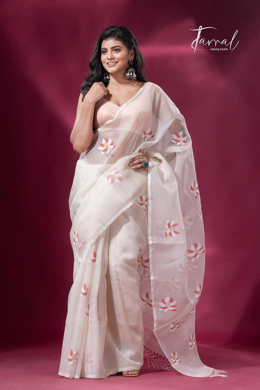 Offwhite with red & golden lotus motifs muslin silk handwoven jamdani saree - Tamal Boutique