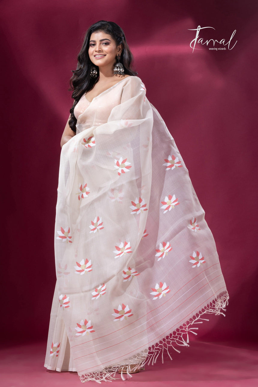 Offwhite with red & golden lotus motifs muslin silk handwoven jamdani saree - Tamal Boutique