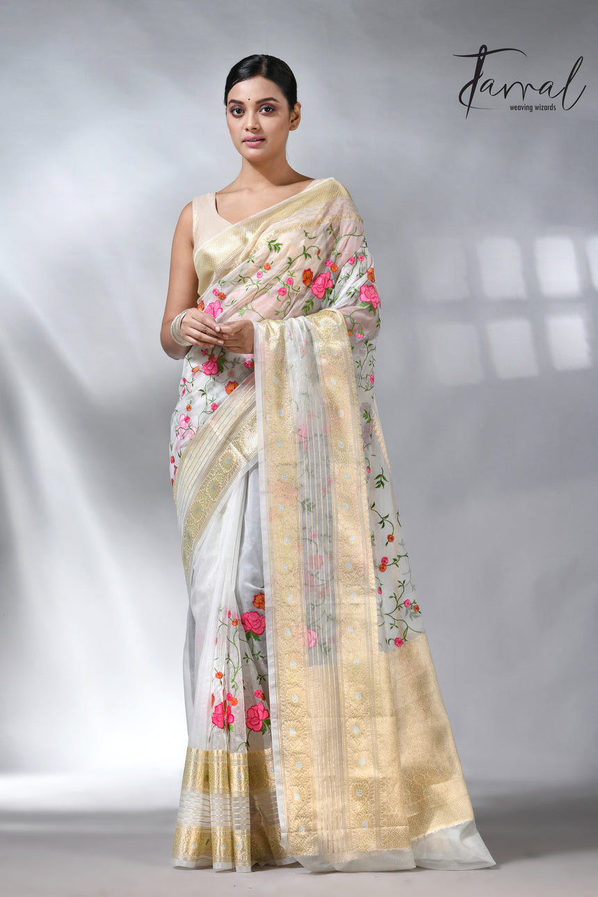 Offwhite with the allover embroidery desigin silk linen saree