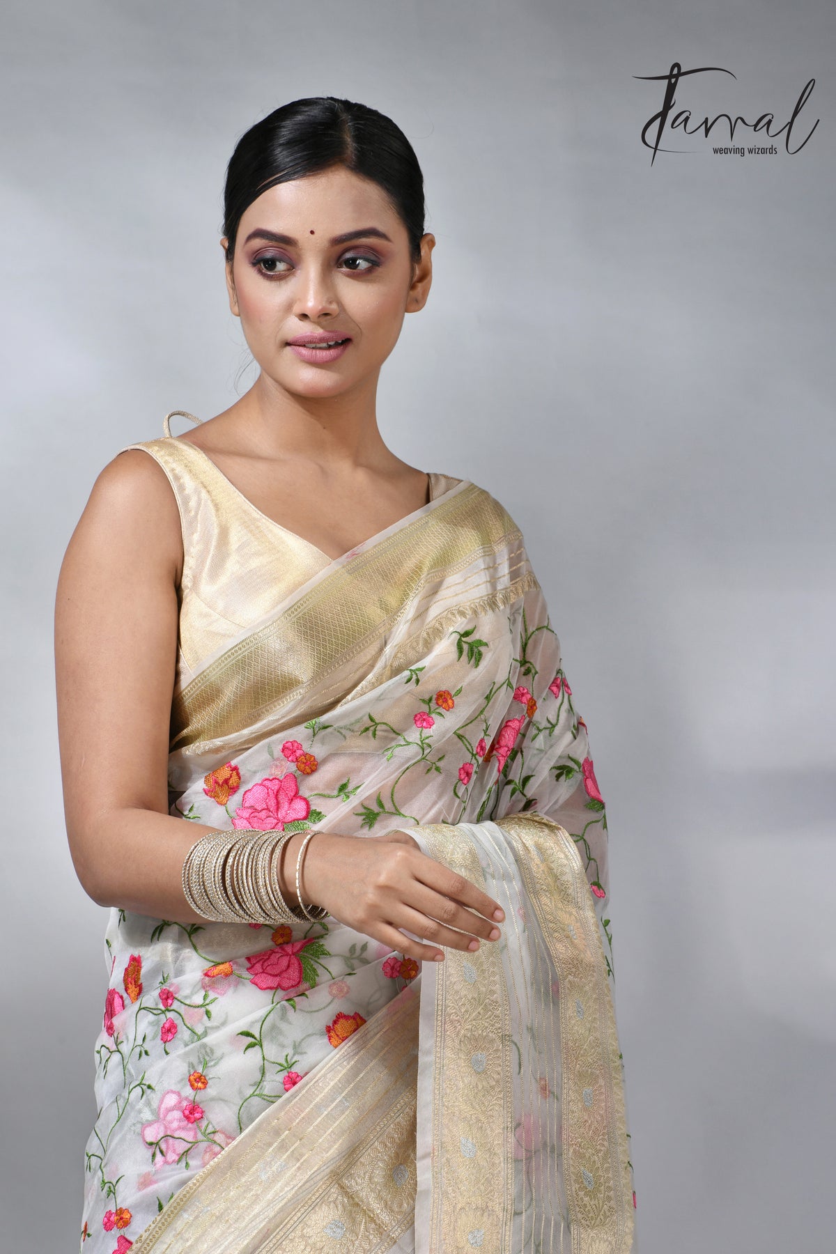 Offwhite with the allover embroidery desigin silk linen saree