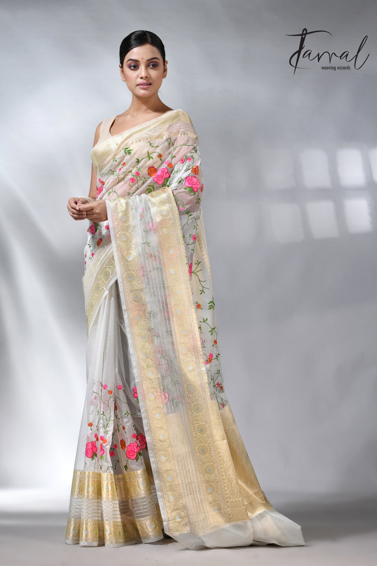 Offwhite with the allover embroidery desigin silk linen saree