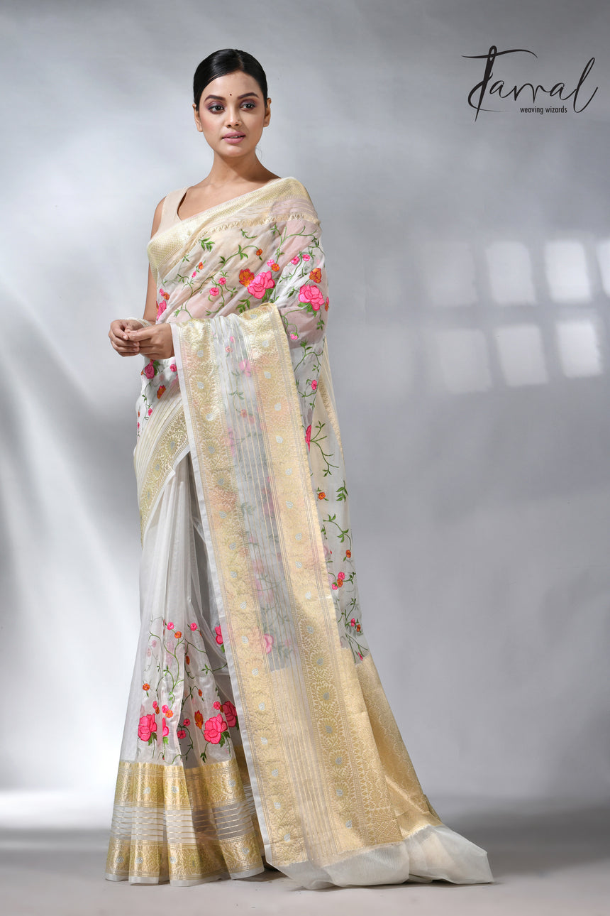 Offwhite with the allover embroidery desigin silk linen saree