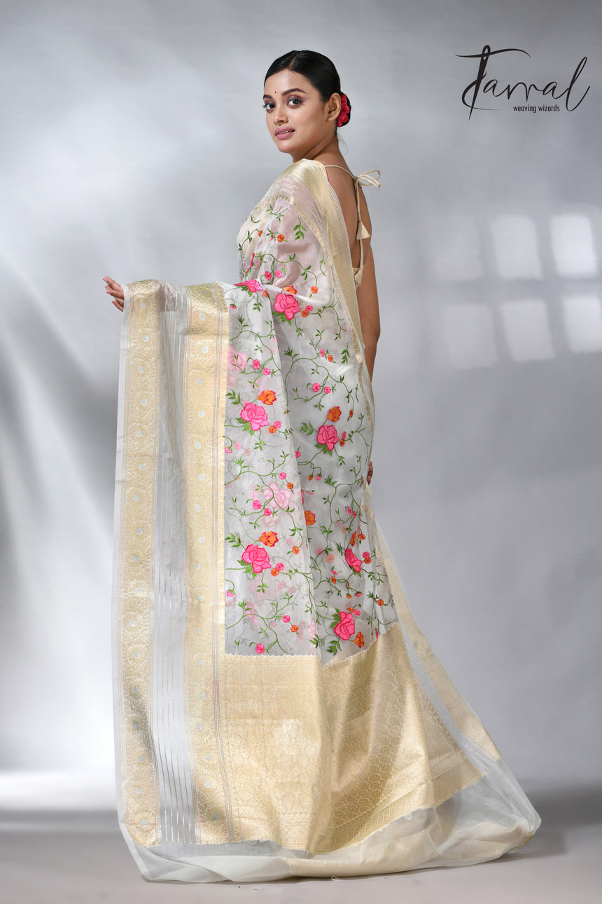 Offwhite with the allover embroidery desigin silk linen saree