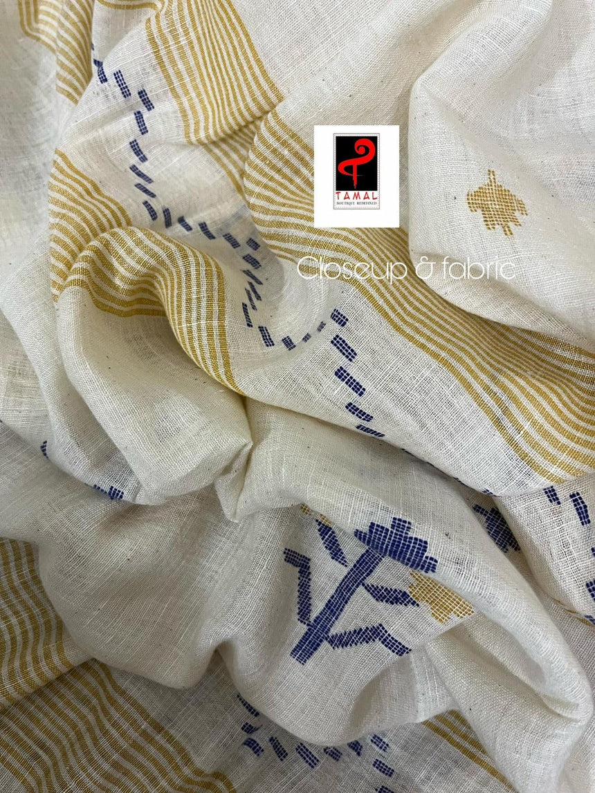 Offwhite with yellow & blue linen handwoven jamadani saree - Tamal Boutique