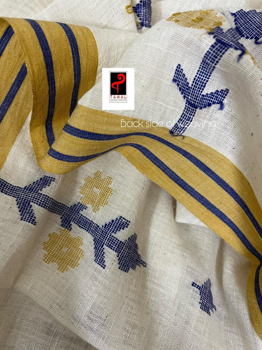 Offwhite with yellow & blue linen handwoven jamadani saree - Tamal Boutique
