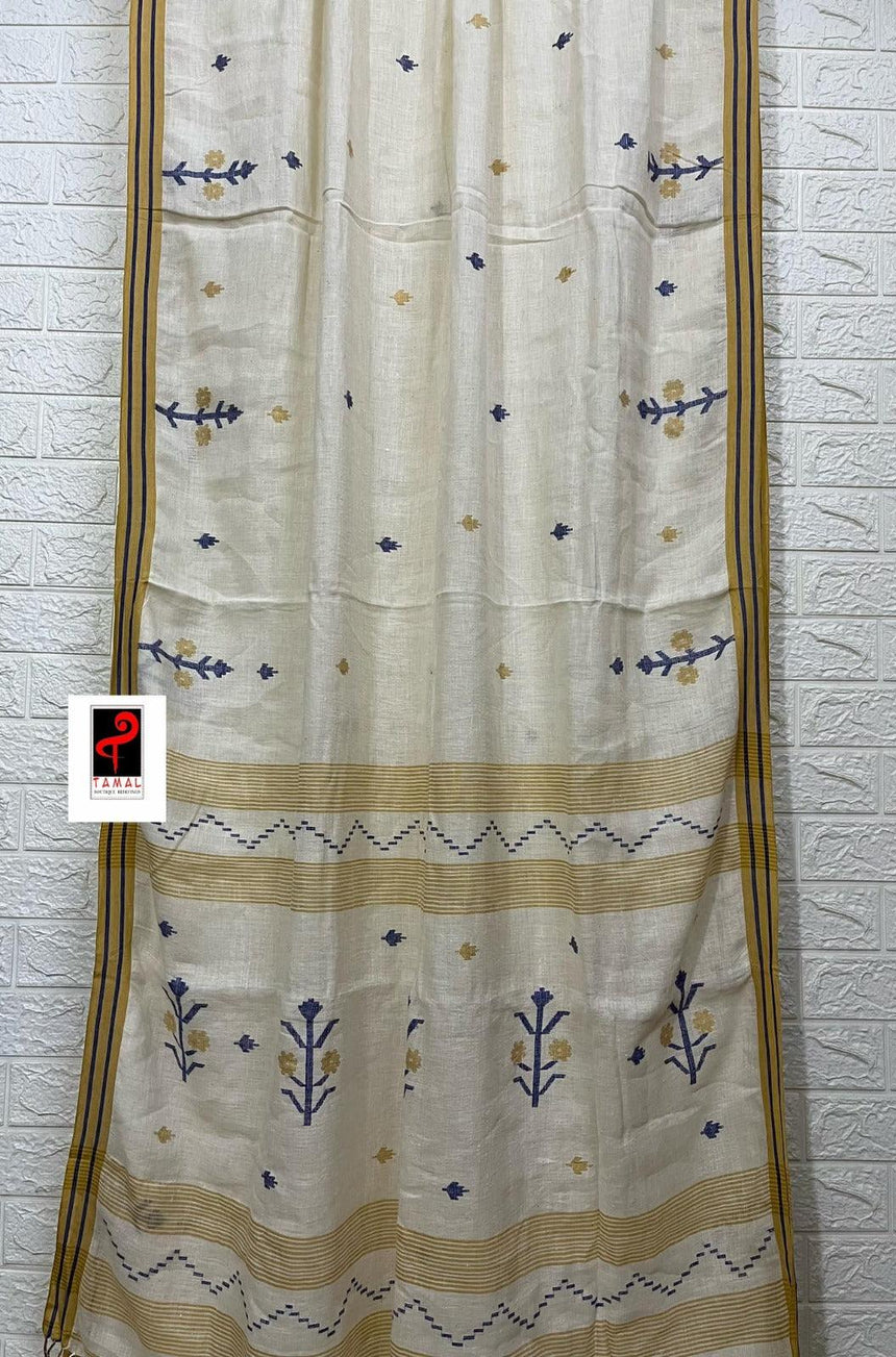 Offwhite with yellow & blue linen handwoven jamadani saree - Tamal Boutique