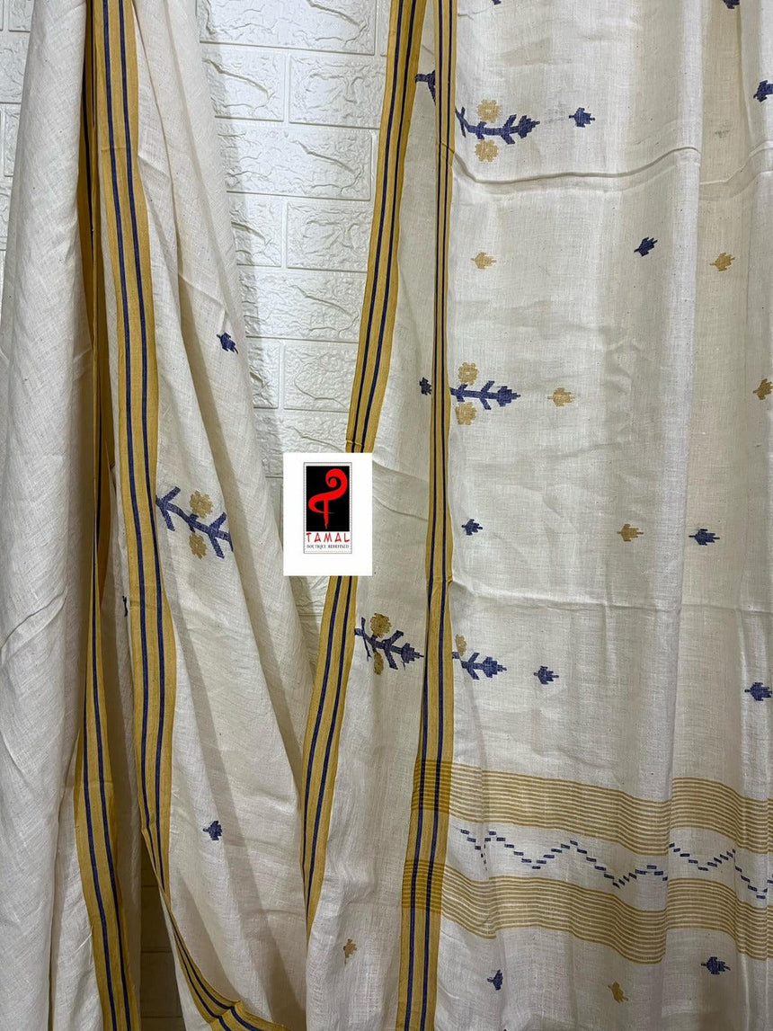 Offwhite with yellow & blue linen handwoven jamadani saree - Tamal Boutique
