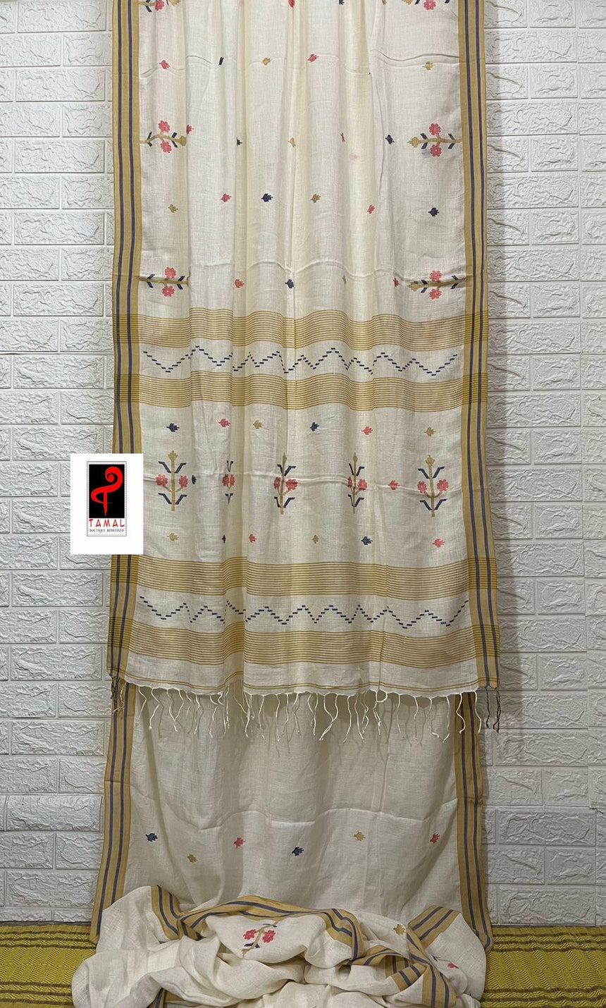 Offwhite with yellow & red linen handwoven jamdani saree - Tamal Boutique