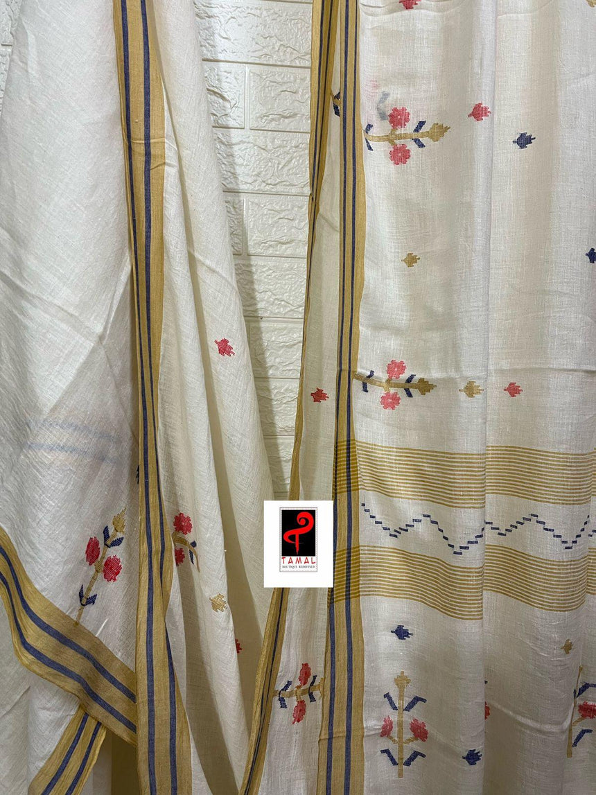 Offwhite with yellow & red linen handwoven jamdani saree - Tamal Boutique
