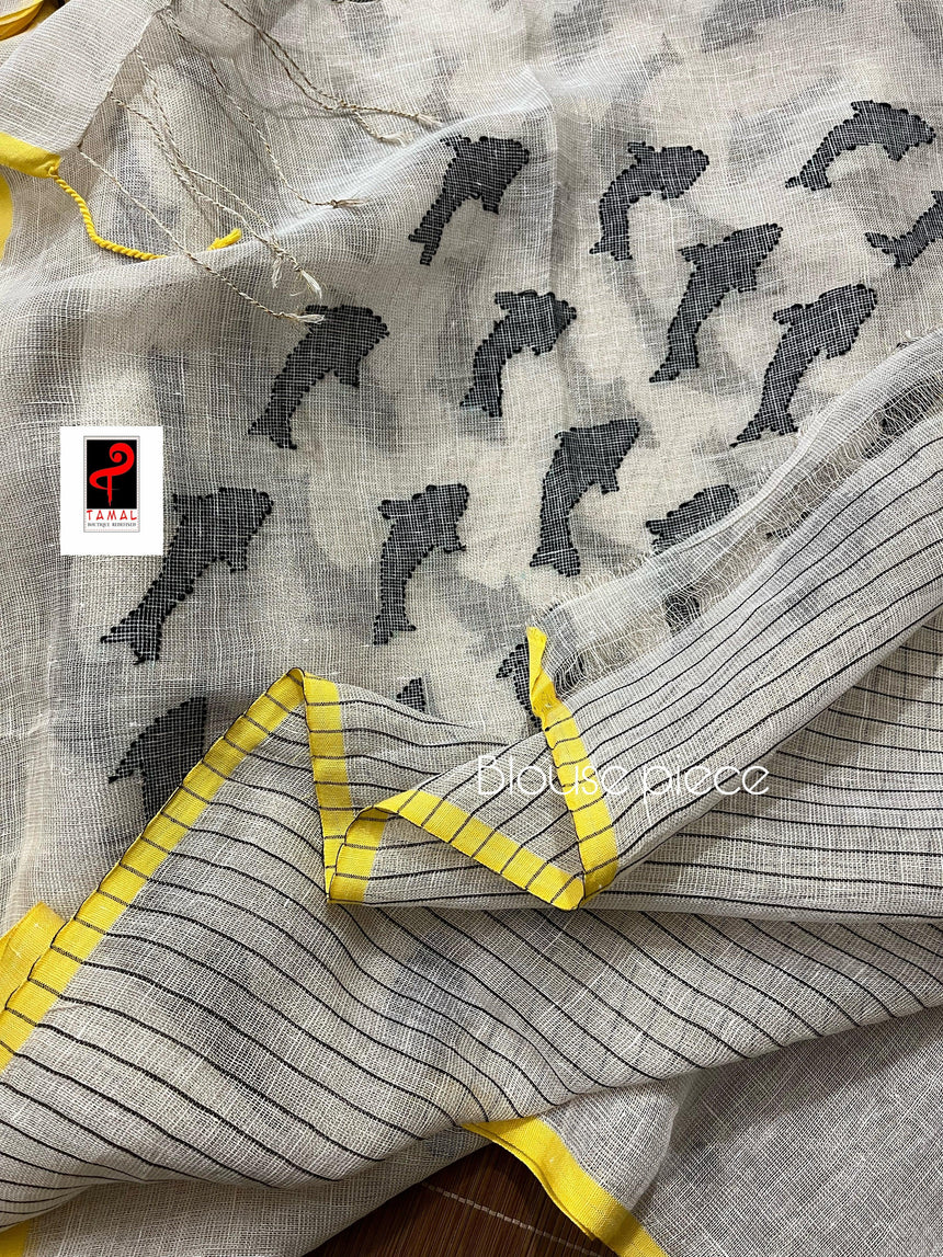 Offwhite with yellow circle fish pallu handwoven jamdani in linen saree - Tamal Boutique
