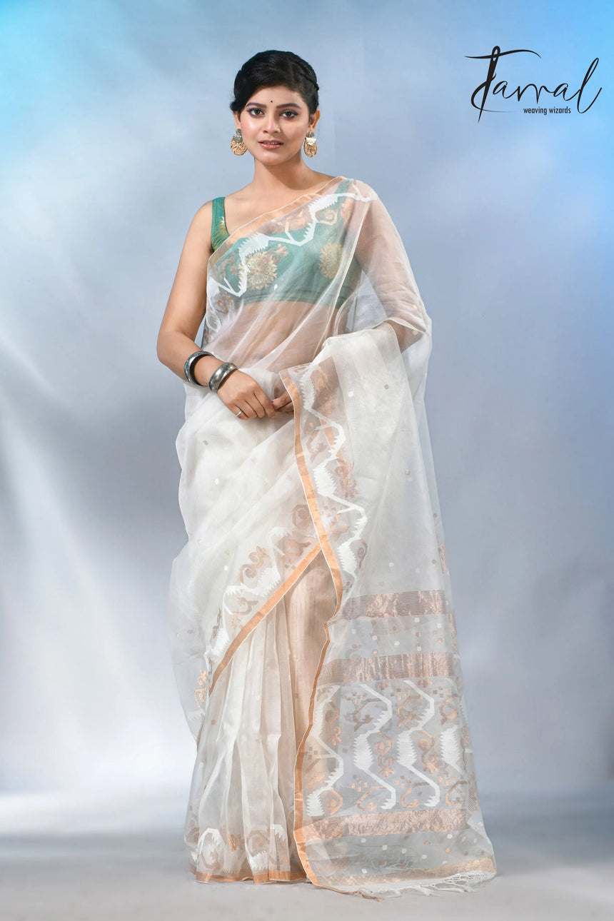 Offwhite with zari border handwoven muslin silk jamdani saree
