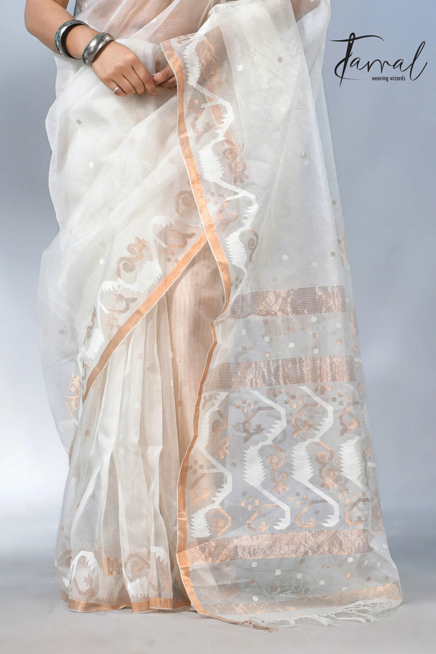 Offwhite with zari border handwoven muslin silk jamdani saree