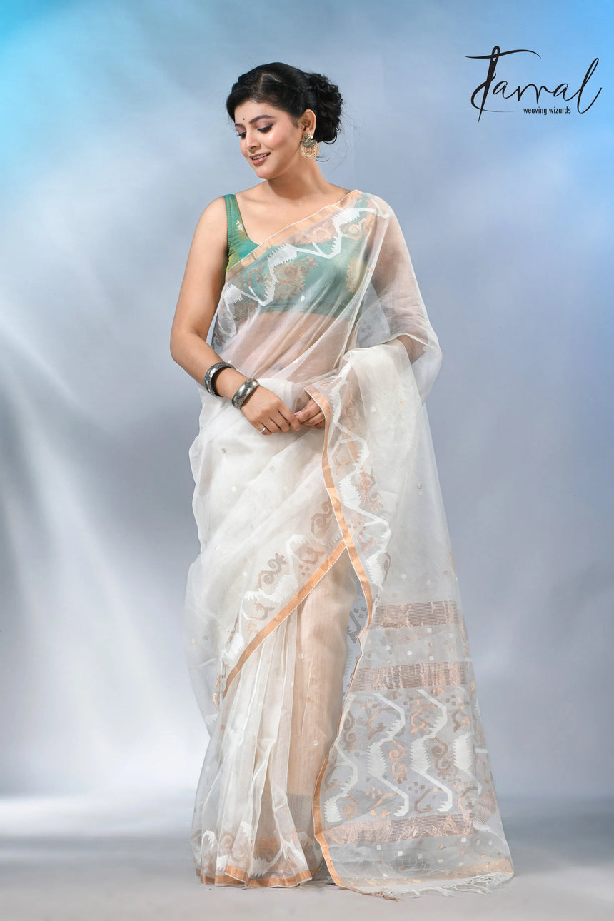Offwhite with zari border handwoven muslin silk jamdani saree
