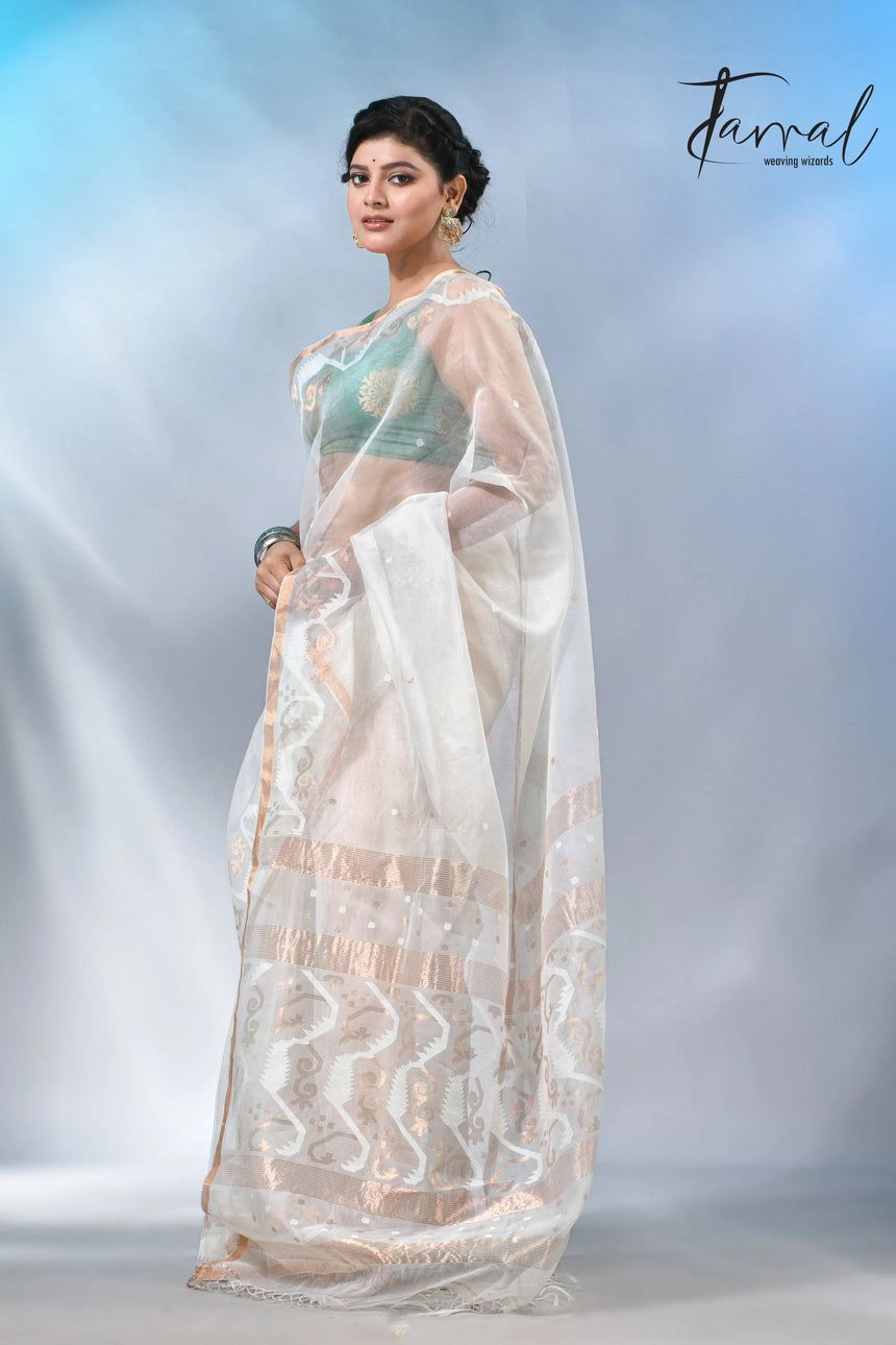 Offwhite with zari border handwoven muslin silk jamdani saree