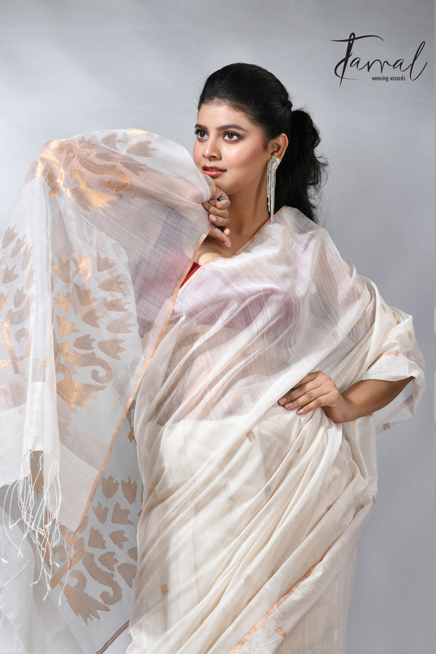 Offwhite with zari border silk cotton handwoven jamdani saree