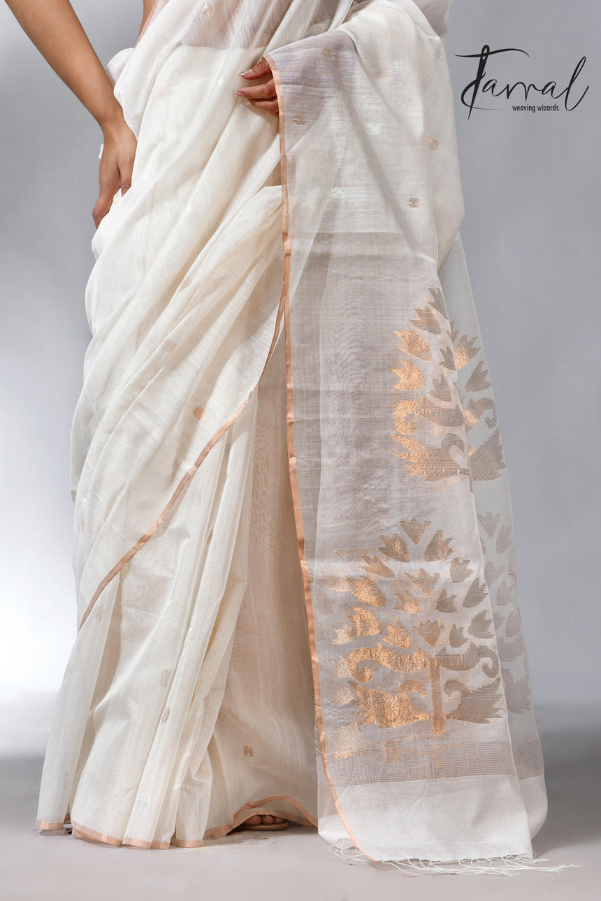 Offwhite with zari border silk cotton handwoven jamdani saree