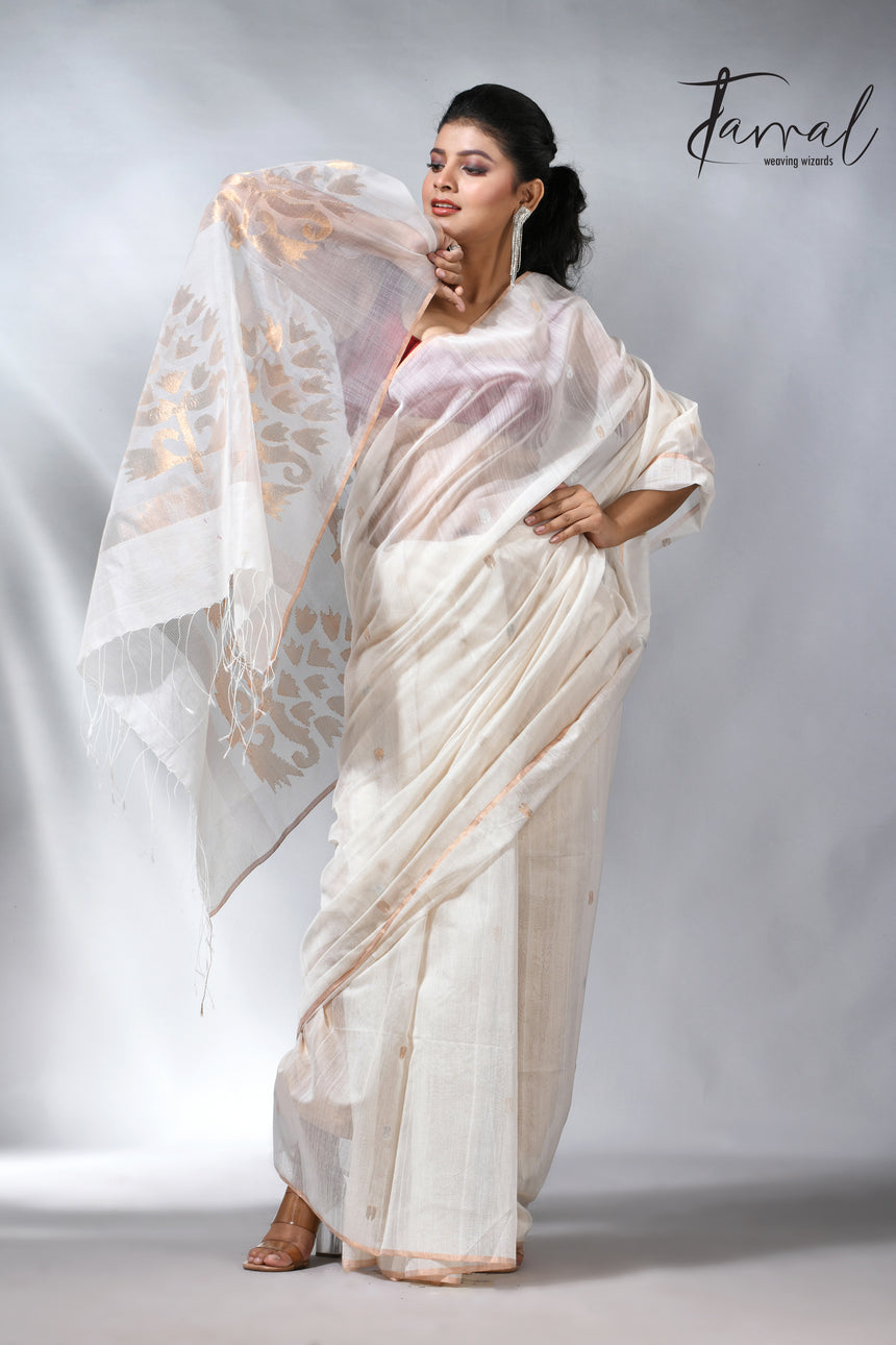 Offwhite with zari border silk cotton handwoven jamdani saree