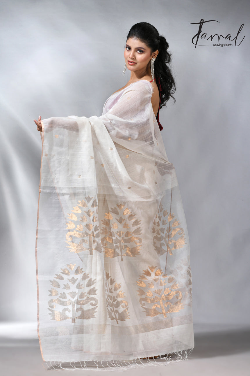 Offwhite with zari border silk cotton handwoven jamdani saree