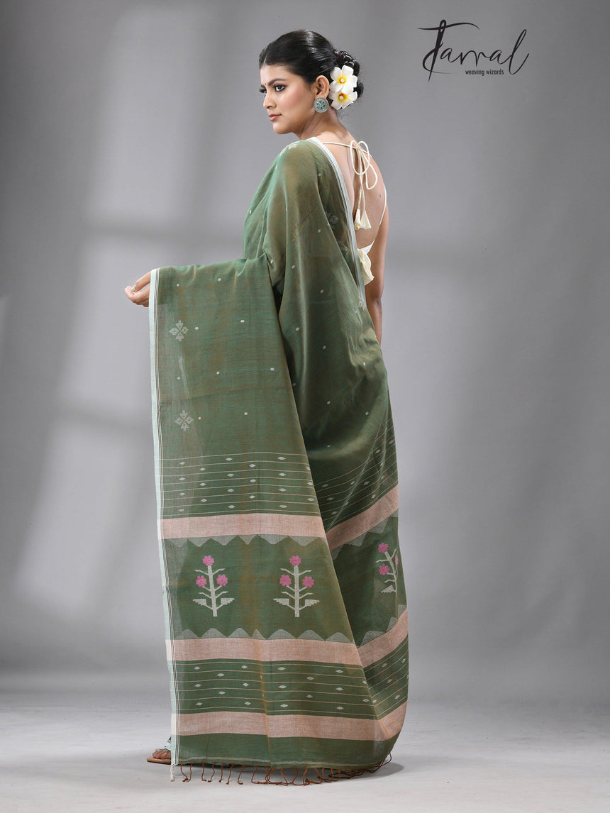 Olive green floral motifs pure cotton handwoven jamdani saree