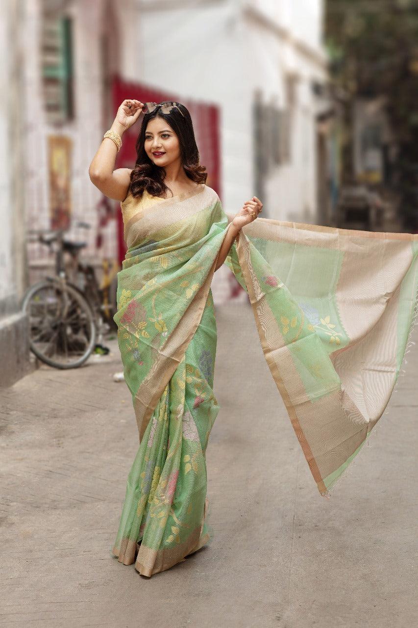Oliver green with multi colour allover rose motifs handwoven muslin silk jamdani saree - Tamal Boutique