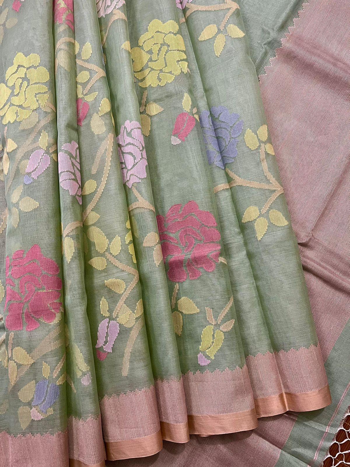 Oliver green with multi colour allover rose motifs handwoven muslin silk jamdani saree - Tamal Boutique