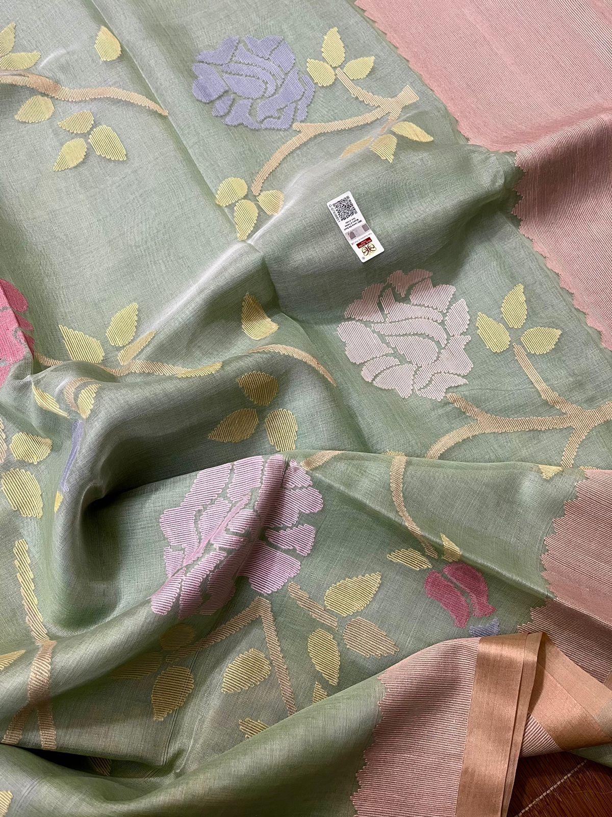 Oliver green with multi colour allover rose motifs handwoven muslin silk jamdani saree - Tamal Boutique